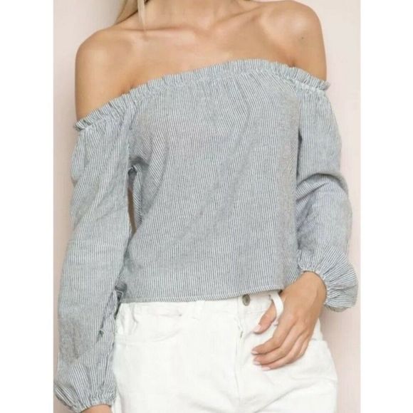 BRANDY MELVILLE THEIA Boxy Crop Peasant Top Pinstripe elastic charcoal white - Picture 4 of 14